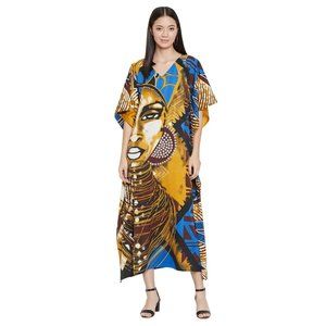 Lady Tribal Print Dress Caftan Coverup With 3/4 Sleeve for Summer Beach Party